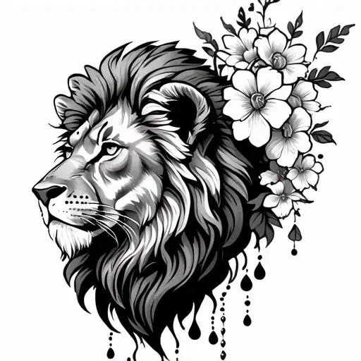 Lion Head Tattoo Whit Flowers Goeing Down The Back