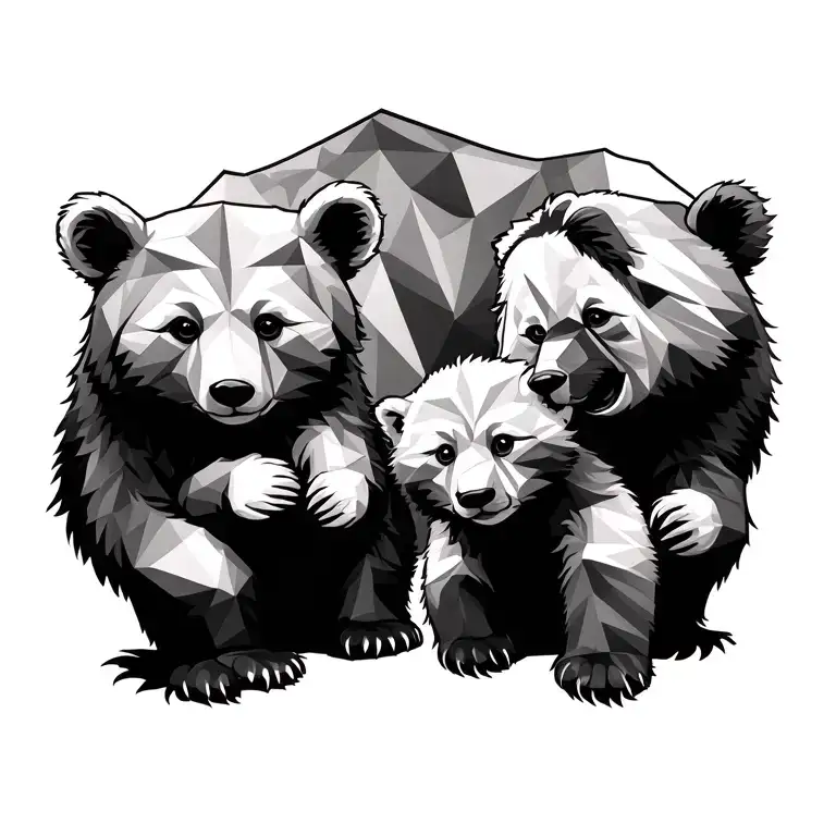 Geometric Bear With Two Cubs Playing