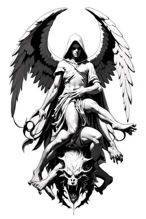Hooded Arch Angel Defeating A Demon