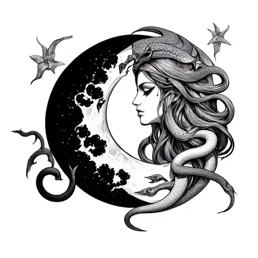 Black Moon Lilith Tattoo With Snakes