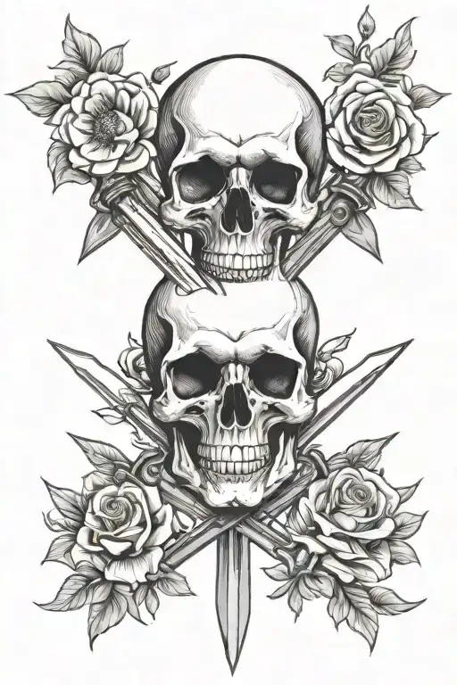 Skull Swords And Flowers Intertwined