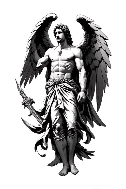 Archangel Micheal Holding A Weapon Wings Open