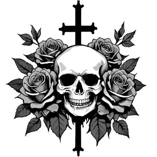 Skull With Upside Cross With Dead Roses