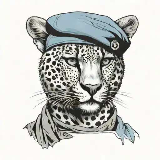 The Face Of A Soldier In A Blue Beret And A Black Balaclava Is Half That Of A Cheetah