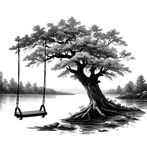 Swing Hanging In A Tree Next To A River