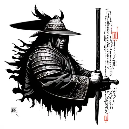 Japanese Samurai Theme Tattoo With Technology And Binary Code