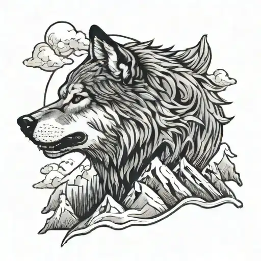 Growling Wolf And Mountains