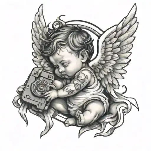 Baby Angle With Wings Holding A Glock Pistol Surrounded