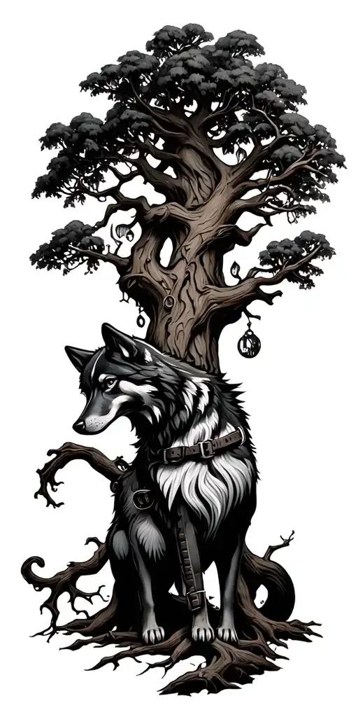 Tree Intertwined With A Wolf At The Bottom And Dog Collars On The Branches