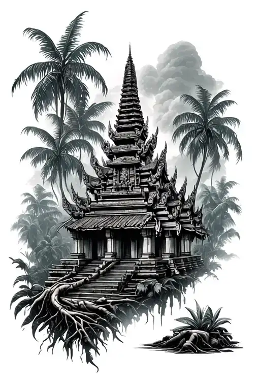Khmer Temple With A Jungle Scene And Roots
