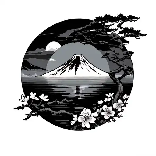Japan In A Circle With Mount Fuji And Sakura Flowers