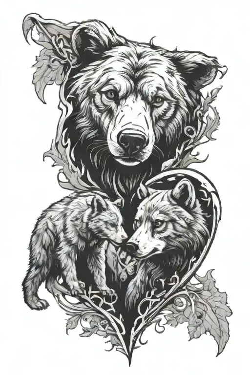 Camo Heart Shape With Bear Cub And Wolf Cub Inside Heart