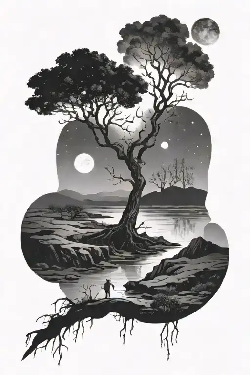 Galaxy Planet Landscape Dark Tree And River Running With Human Standing At Base