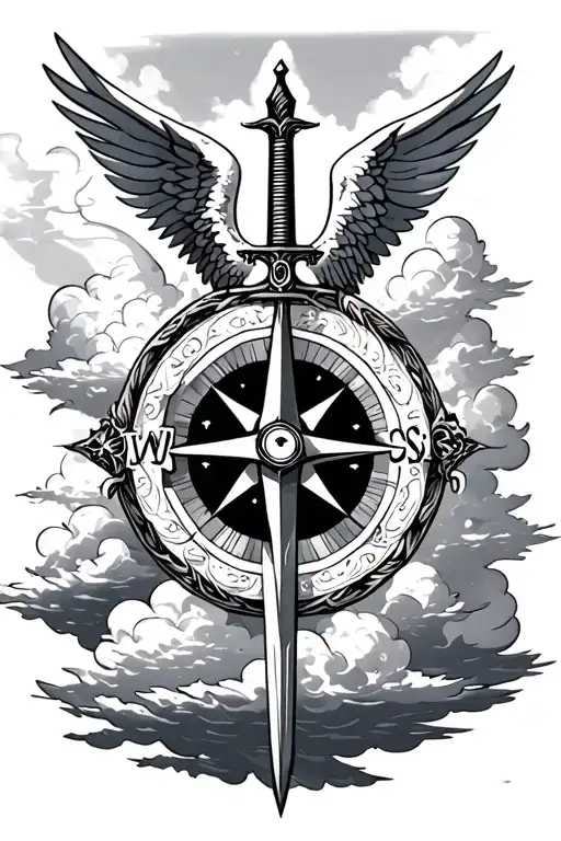 Sky Clouds Compass And Angel Holding A Sword