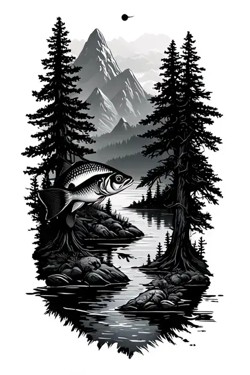 Fish Mountains Forest Scene