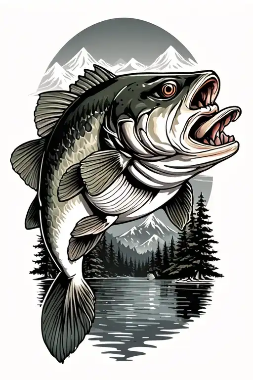 Large Mouth Bass With Mountains Forest In Body