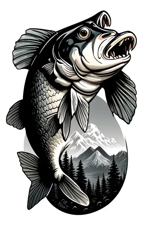 Large Mouth Bass With Mountains Forest Inside Body