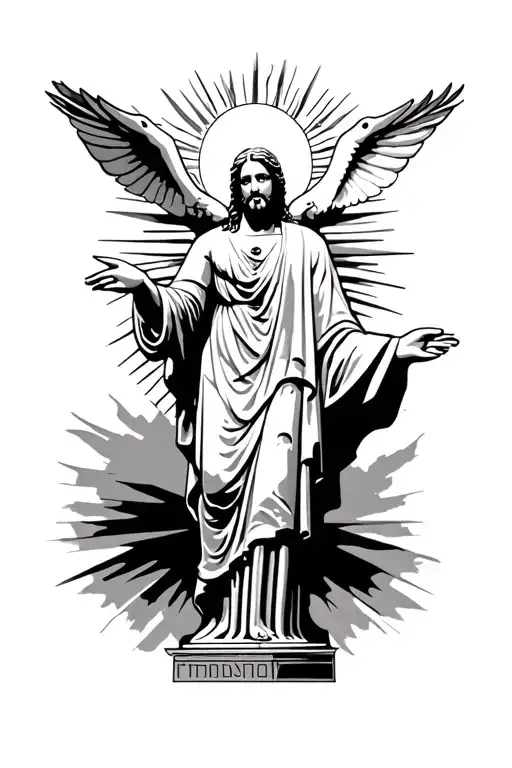 Christ The Redeemer With Sun Beams Behind Its Head And A Dove Above It