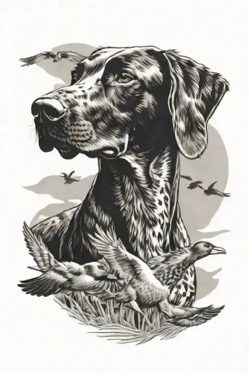 German Shorthair With Mallard Duck Flying