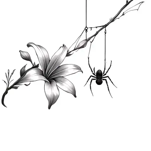 Lilly Flowers And Spider Hanging Form A Web