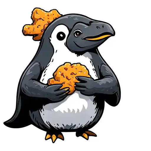 Penguin Holding A Dinosaur Shaped Chicken Nugget