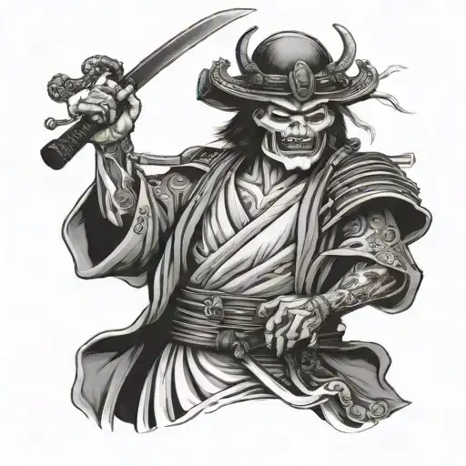 Samurai Who Is A Skelition Holding A Katana In The Air Whilst Smoking A Cigarette
