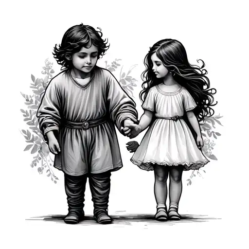 Two Elder Brothers Holding Younger Sister's Hand Traceline Only
