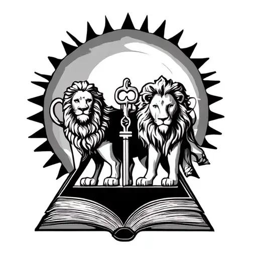 Sun And Key And Open Book Inside Open Book Lion In Triangle And In Geometric Pattern