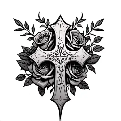 Cross With Rosery And Roses Intertwined
