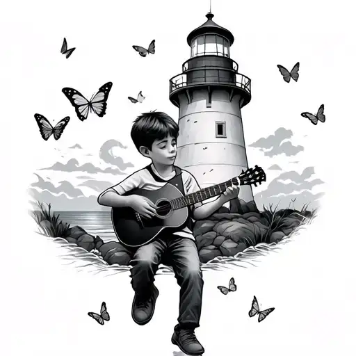 Boy Playing Guitar Leaning Against A Lighthouse With Butterflies Flying Around Him