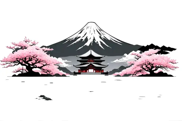 Temple With Sakura Flower And Mount Fuji Surrounded By A Square