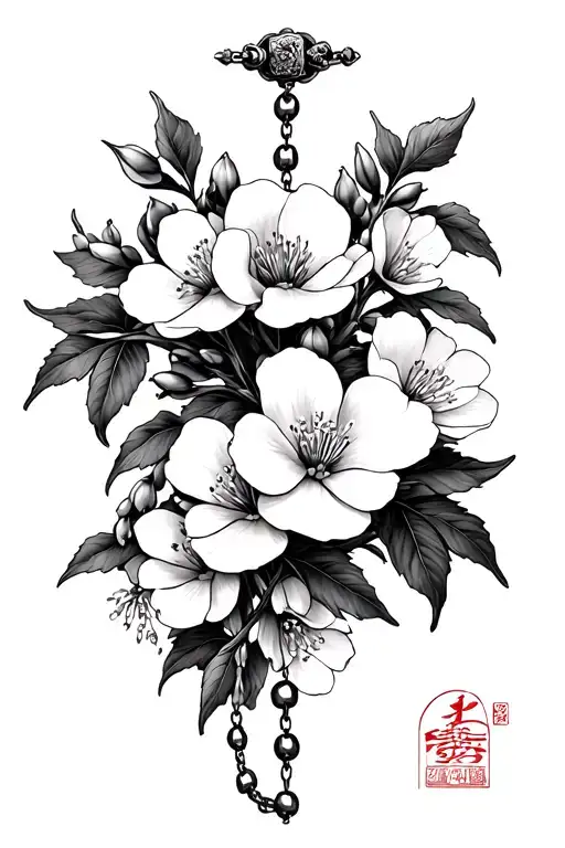 Japanese Cherry Blossom Rosary With Snapdragons Entangled In It