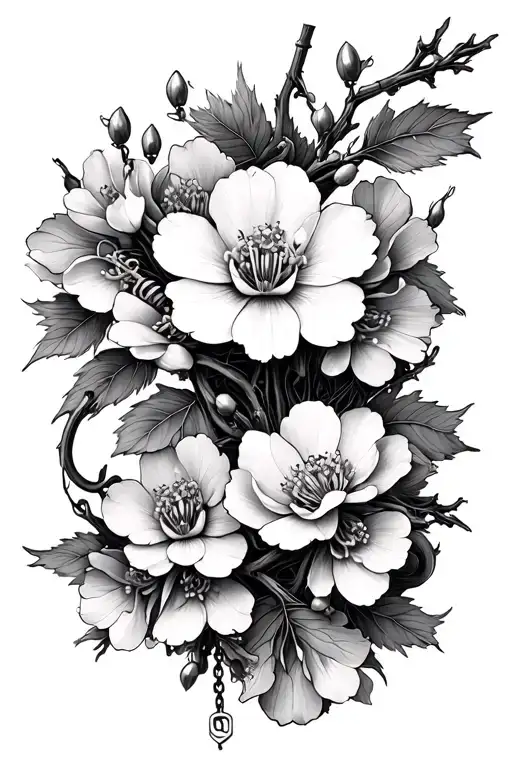 Rosary Made Of Japanese Cherry Blossom Flowers With Snapdragons Entangled In It