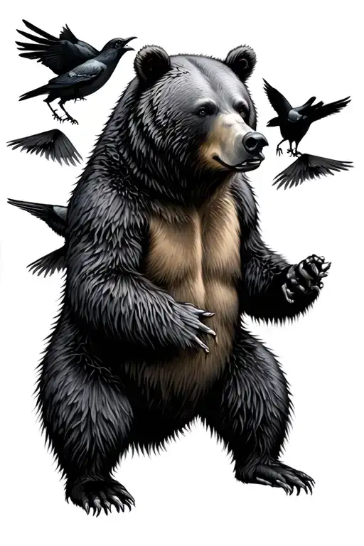 Bear In The Forest With Crows