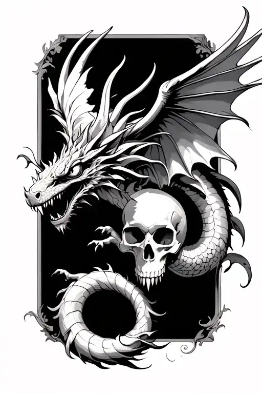 Dragon Flying Away And Skull
