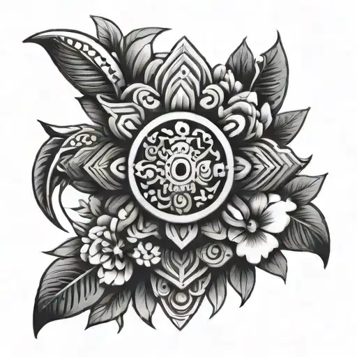 Aztec Symbols With Flowers From Mexico No Slulls