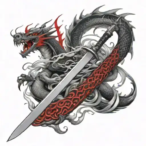Katana And Dragon Color Red And Black