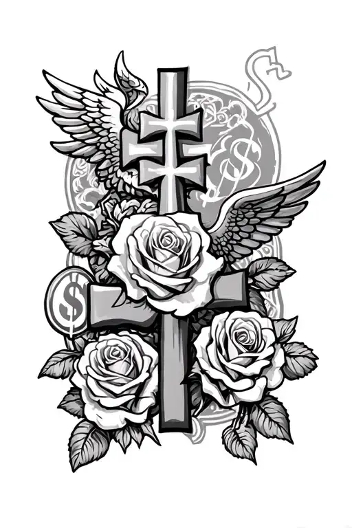 Rose And Cross And Angel And Money Symbols
