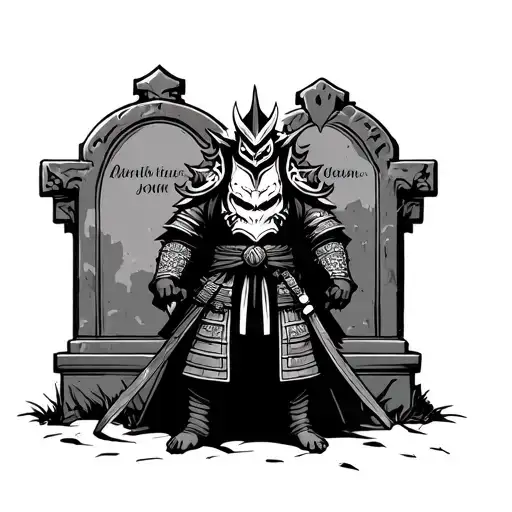 Oni Mask Samurai Standing In Front Of Grave Stones