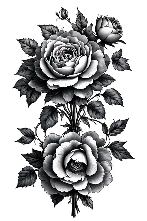 A Boquet Of Peonies And Roses With Vines