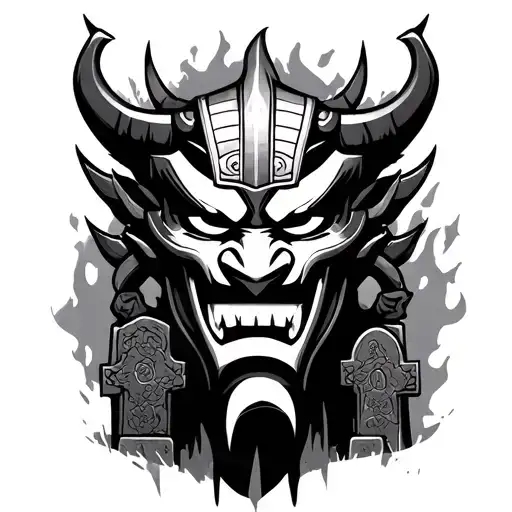 Oni Mask Samurai Standing In Front Of Grave Stones Realistic