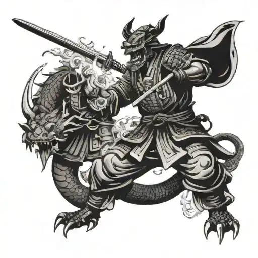Samurai Fighting A Dragon Breathing Fire