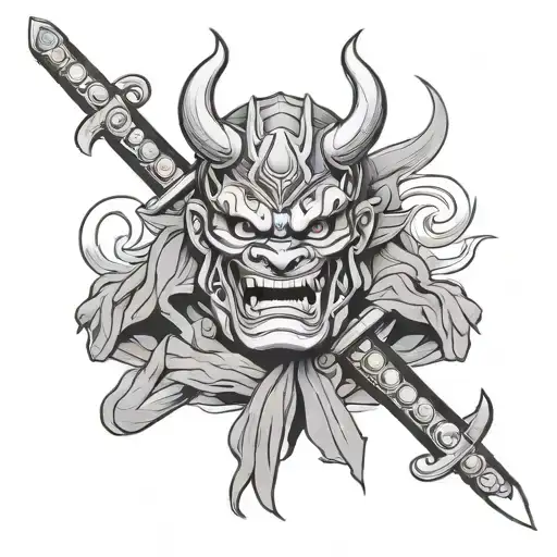Oni Mask Holding A Two Samurai Swords
