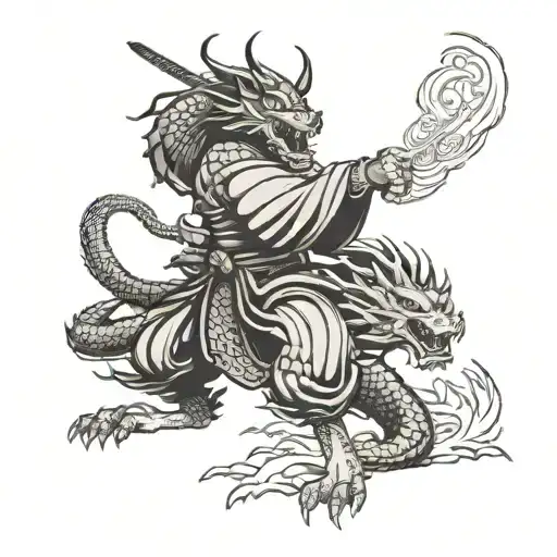 Samurai Fighting A Dragon Breathing Fire Coming