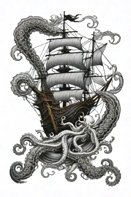 Octopus Wrapped Around A Pirate Ship Sailing Through Stormy Seas And Siren Battling Pirate