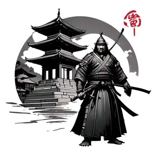 Japanese Samurai Stood Infront Of A Temple