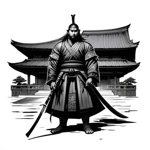 Japanese Samurai Stood Infront Of A Japanese Temple