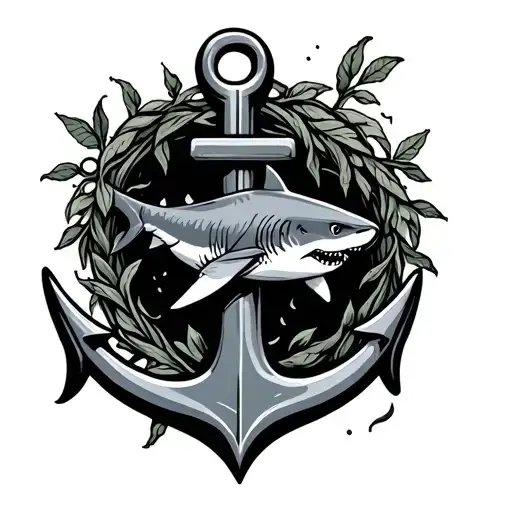 Anchor With Vines And Shark Swimming