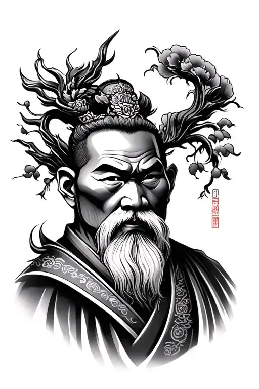 Monk And Japnese Worrior Tattoo Design