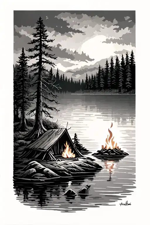 Trees On The Lake With Camp Fire